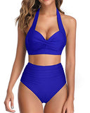 Emoswim - Retro Neckholder Bikini mit hoher Taille, gerafft, hoher Beinausschnitt - Königsblau