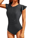 Emoswim - Women's High Neck Short Sleeve One Piece Rash Guard-Black
