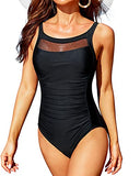 Emoswim - Vintage Tummy Control Mesh One Piece Swimsuits Padded Push Up Bra-Black