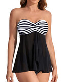 Emoswim – Damen Mid Rise Neckholder Bandeau Tankini-Set mit ausgestelltem Oberteil – Schwarz-Weiß gestreift