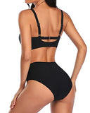 Emoswim - Maillots de bain sexy pour femmes, contrôle du ventre, ruchés, à nouer, ensembles de bikini taille haute - Noir