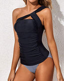 Emoswim - Flattering Two Piece Tankini Bathing Suits One Shoulder Swim Top And Shorts Swimsuits-Black Stripe