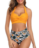 Emoswim - Maillot de bain taille haute élégant avec soutien-gorge push-up rembourré - Fleurs jaunes
