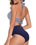 Emoswim - Maillot de bain bikini deux pièces taille haute ruché à licou - Rayures bleues et blanches