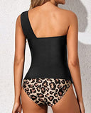 Emoswim - Stylische zweiteilige Tankini-Badeanzüge, One-Shoulder-Badeoberteil mit Shorts-Badeanzügen – Schwarz und Leopard