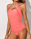 Emoswim - Stylish Two Piece One Shoulder Swim Top Shorts-Coral Pink