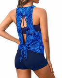 Emoswim - Women's 3 Piece Scoop Neck Criss Cross Tankini Swimsuits-Blue Paisley