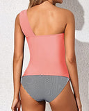 Emoswim - Women's Asymmetrical One Shoulder Tankini Shorts-Coral Pink Stripe