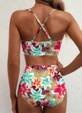 Emoswim - Summer Two Piece Bikini Set U-Wire Cutout High Waisted Swimsuit-Green Pink Lily