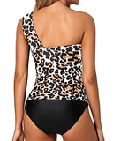 Emoswim - Sexy zweiteiliges One-Shoulder Bikinioberteil mit Shorts - Schwarz und Leopard