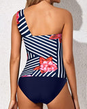 Emoswim - Tankini-Badeanzüge für Damen, One-Shoulder-Badeoberteil und Badeshorts – Blau geblümt