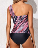 Emoswim - Sexy Asymmetrical Tankini Top 2 Piece Tankini Bathing Suits For Women Shorts-Pink Stripe