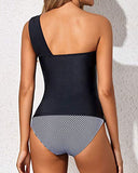 Emoswim - Flattering Two Piece Tankini Bathing Suits One Shoulder Swim Top And Shorts Swimsuits-Black Stripe