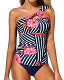 Emoswim - Tankini-Badeanzüge für Damen, One-Shoulder-Badeoberteil und Badeshorts – Blau geblümt