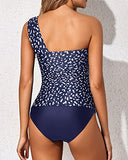 Emoswim – Figurschmeichelnder One-Shoulder-Tankini mit Rückenausschnitt und ohne Träger – Marineblau gepunktet