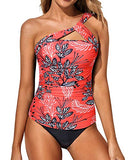 Emoswim - Women's Tankini Set One Shoulder Top & Ruched Shorts-Red Floral
