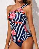Emoswim - Tankini-Badeanzüge für Damen, One-Shoulder-Badeoberteil und Badeshorts – Blau geblümt
