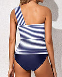 Emoswim – Stylischer One Shoulder Tankini Zweiteiler für Damen mit Shorts – Blau-weiß gestreift
