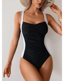 Emoswim – Damen-Badeanzug einteilig, gerafft, Bauchkontrolle, kaschierend, Farbblock-Badeanzug – Schwarz
