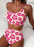 Emoswim - Women's High Waisted Bikini Sets One Shoulder Floral Print Swimsuits 2 piece Tummy Control Bathing Suits