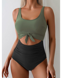Emoswim – Damen Einteiler mit Bauchkontrolle, schlankmachender Badeanzug, Cut-Out, Bindeknoten-Badekleidung – Grün