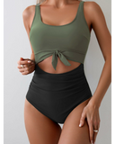 Emoswim – Damen Einteiler mit Bauchkontrolle, schlankmachender Badeanzug, Cut-Out, Bindeknoten-Badekleidung – Grün
