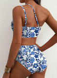 Emoswim - Women's High Waisted Bikini Sets One Shoulder Floral Print Swimsuits 2 piece Tummy Control Bathing Suits