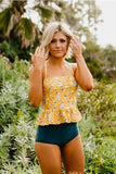 Emoswim-Peplum Tankini-Badeanzug in Senfgelb mit Gänseblümchenmuster