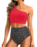 Emoswim - One Shoulder High Waisted Bikini Sets Two Piece Swimsuit Tummy Control-Red Dot