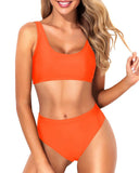 Emoswim - Zweiteiliger Bikini mit Rundhalsausschnitt und High-Waist-Hose für langen Oberkörper - Neon-Orange