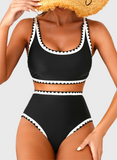 Emoswim - Women's Bikini Sets Floral Print Whip Stitch 2 Piece Swimsuits High Waisted Scoop Bathing Suits
