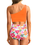 Emoswim - One Shoulder High Waisted Bikini Sets Two Piece Swimsuit Tummy Control-Orange Floral