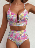 Emoswim - Summer Two Piece Bikini Set U-Wire Cutout High Waisted Swimsuit-Pink Floral