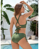 Emoswim - Damen Bikini Set Blütenblatt Hohl V-Ausschnitt Zweiteiliger Badeanzug-Armeegrün