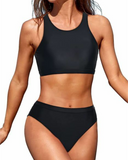Emoswim - High Neck Crop Top Bikini-Set 2-teilige Badeanzüge für Teenager-Mädchen-Schwarz
