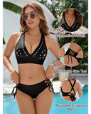 Emoswim - Women's Bikini Set Petal Hollow V Neck Two Piece Swimsuit-Black