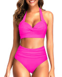 Emoswim - Maillots de bain bikini pour femmes avec panneau frontal plissé taille haute - Rose néon