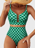 Emoswim - Summer Two Piece Bikini Set U-Wire Cutout High Waisted Swimsuit-Green Checkered