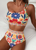Emoswim - Women's High Waisted Bikini Sets One Shoulder Floral Print Swimsuits 2 piece Tummy Control Bathing Suits