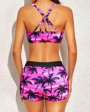 Emoswim - Women's 3 Piece Scoop Neck Criss Cross Tankini Swimsuits-Black Pink Palm Tree