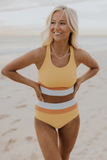 Emoswim-High Waist Colorblock Marine Cut Back Crop Bikini Set