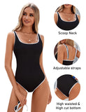 Emoswim - Women's One Piece Swimsuit Sports Adjustable Strap Bathing Suit Color Block Ribbed High Cut Swimsuits