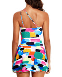 Emoswim-Women One Piece Swim Dress One Shoulder Swimsuit with Skirt-Color Block