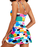 Emoswim-Women One Piece Swim Dress One Shoulder Swimsuit with Skirt-Color Block