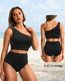 Emoswim-High-Waist One-Shoulder Tummy Control Bikini Set-Black