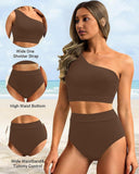 Emoswim-High-Waist One-Shoulder Tummy Control Bikini Set-Coffee
