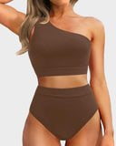 Emoswim-High-Waist One-Shoulder Tummy Control Bikini Set-Coffee