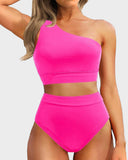 Emoswim-High-Waist One-Shoulder Tummy Control Bikini Set
