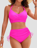 Emoswim - Womens High Waisted Bikini Sets Drawstring Tummy Control Swimsuits Crisscross Tie Back Bathing Suit