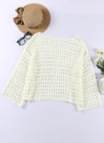 Emoswim-White Mesh Knitted Long Sleeve Hollow Sun-proof Round Neck Cover Up
